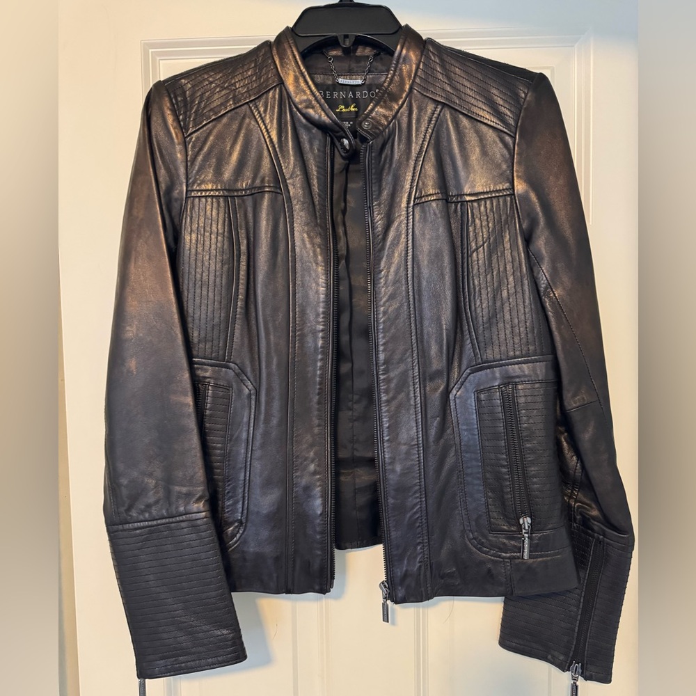 Bernardo Black Leather Jacket with Quilted Details